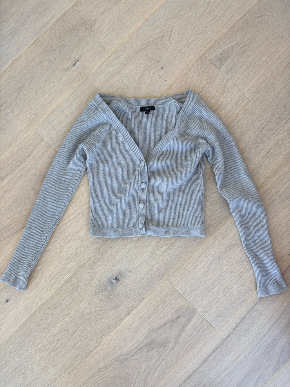 Dynamite Cropped Ribbed V-Neck Cardigan - Light Gray